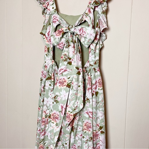 En Saison Maris Green Floral Midi Dress Medium tie back ruffle flowy retro sage - Picture 5 of 13